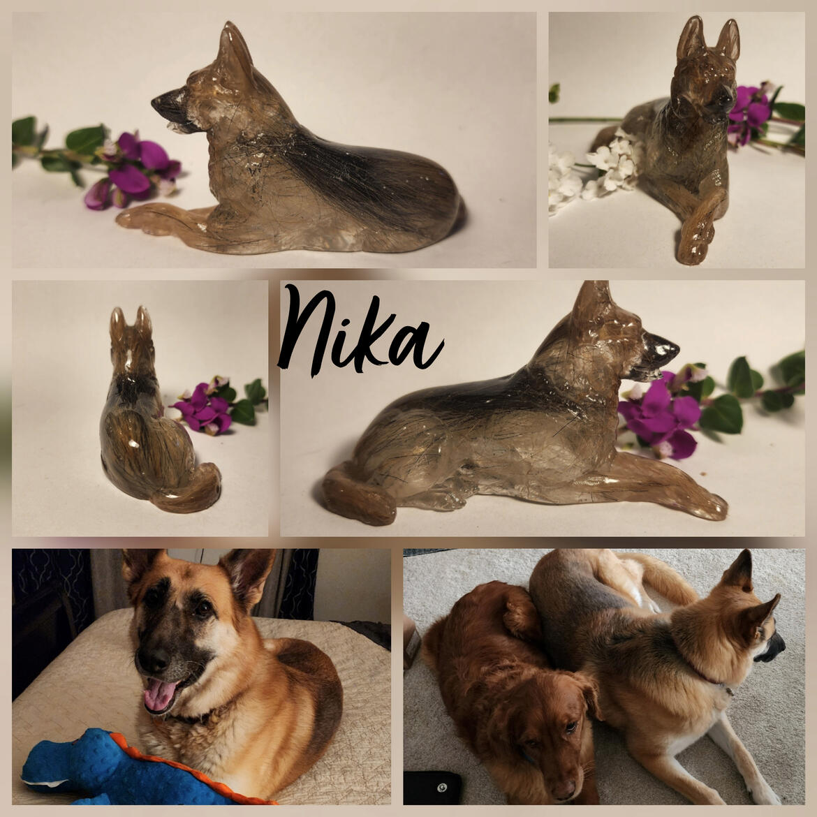 A photo collage of my cast of Nika and real life photos for comparison.